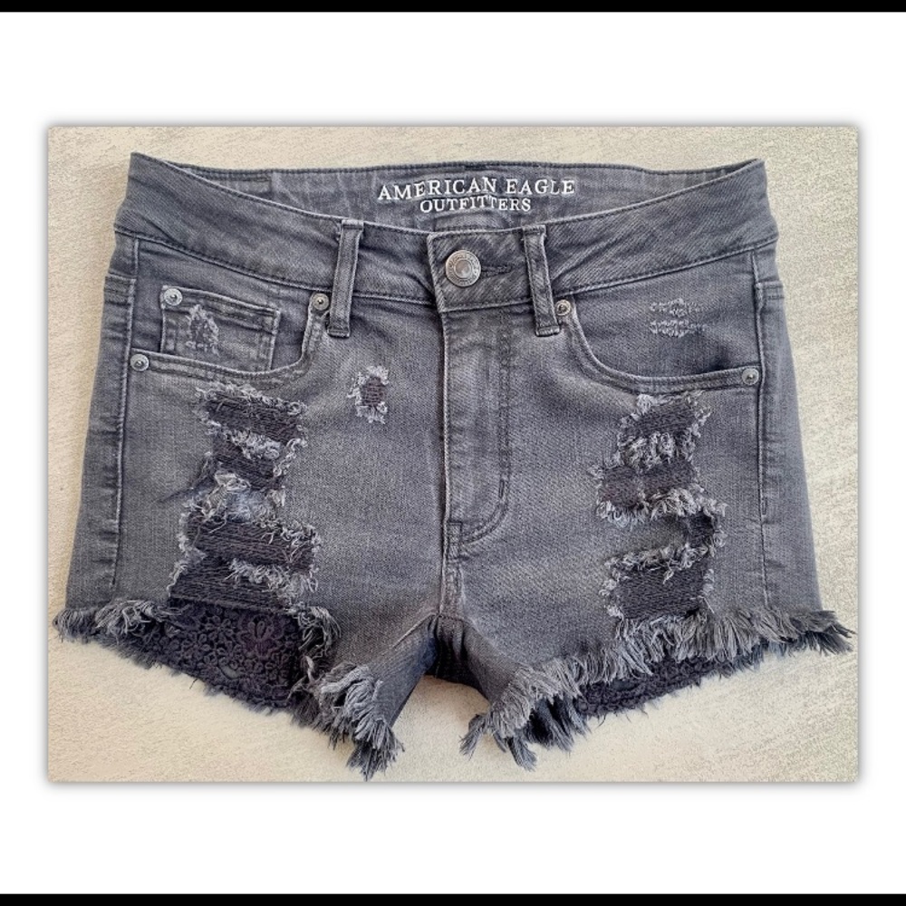 Hi-Rise A.E.O Thrashed Black Denim Shortie Shorts